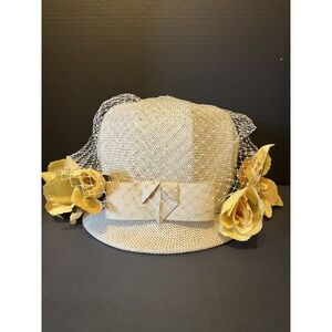 Vintage 1950s Straw Pillbox Hat Yellow Flowers Veil